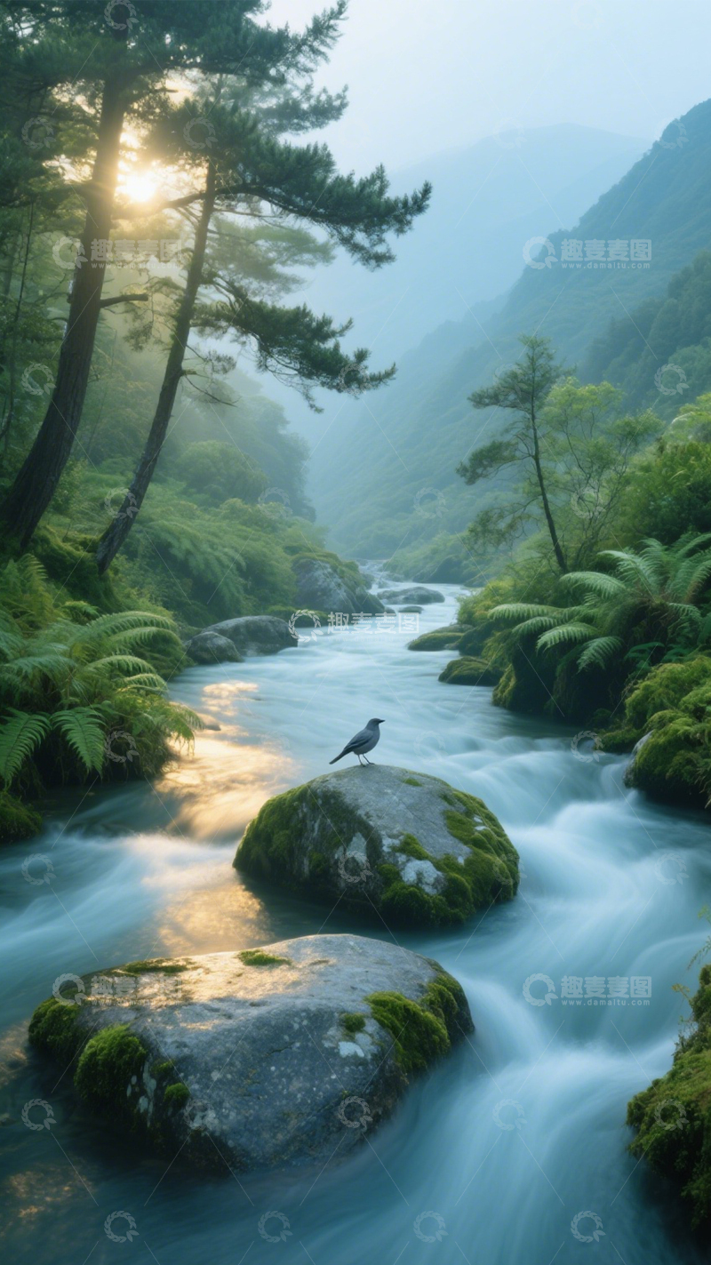 高清大图下载【趣麦麦图】-溪谷晨雾飞鸟流水治愈