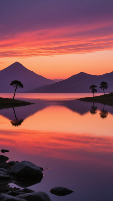 湖山晚霞倒影孤树壮美1