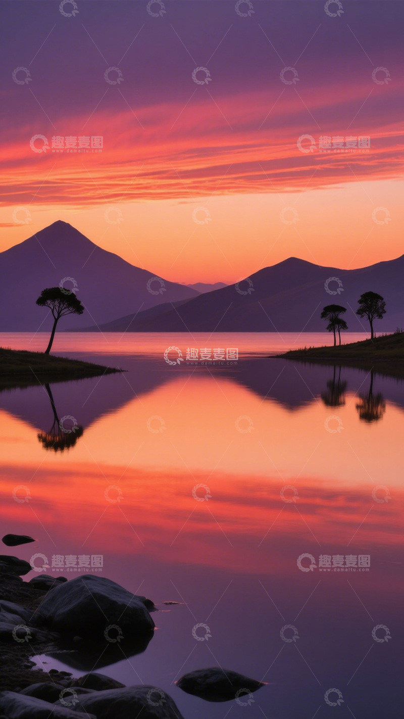 高清大图下载【趣麦麦图】湖山晚霞倒影孤树壮美1