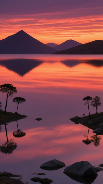 湖山晚霞倒影孤树壮美