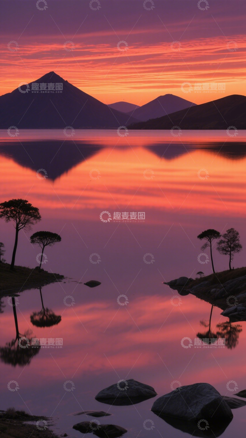 高清大图下载【趣麦麦图】湖山晚霞倒影孤树壮美