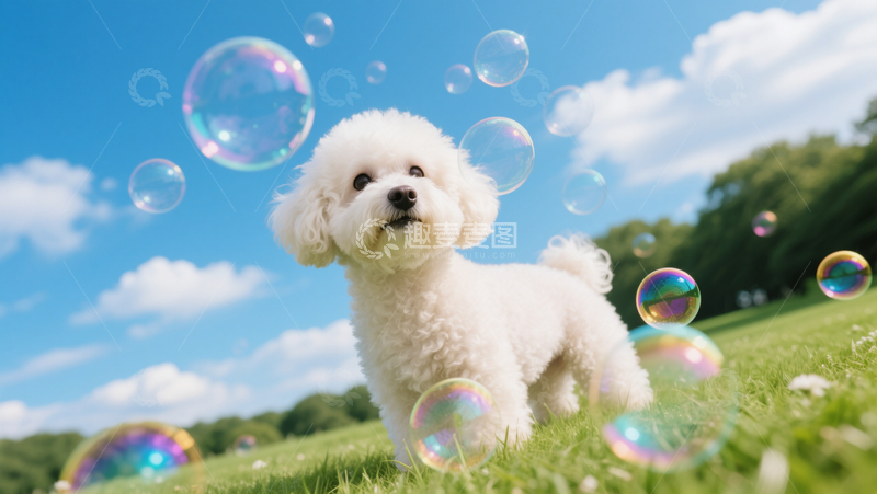 源文件下载【趣麦麦图】宠物小狗萌犬草地泡泡场景蓝天白云商业照片