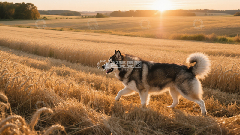 夕阳田野场景奔跑狗狗高清商业照片