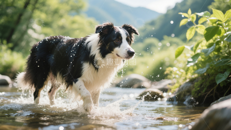 源文件下载【趣麦麦图】自然场景户外溪流水边宠物狗拍摄照片