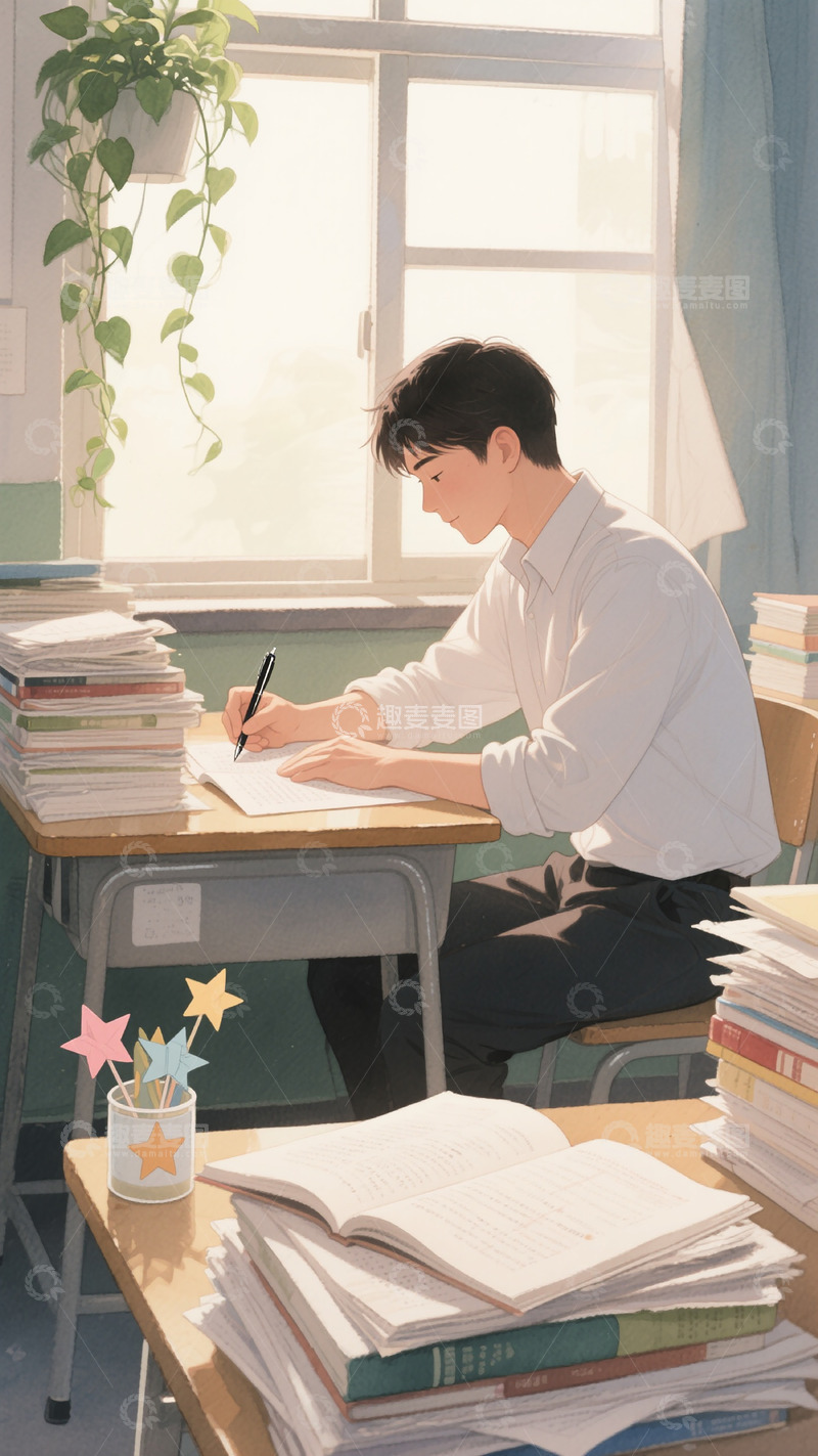 高清大图下载【趣麦麦图】水彩男生教室窗边绿萝书写学习插画素材
