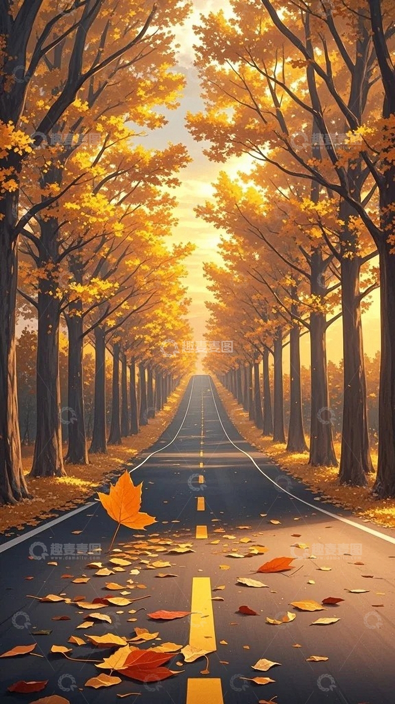 高清大图下载【趣麦麦图】秋日枫树林里的公路2