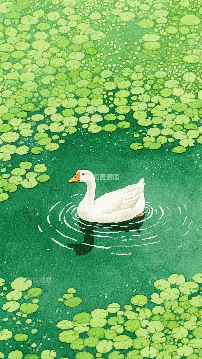 高清大图下载【趣麦麦图】复古池塘里的白鹅1