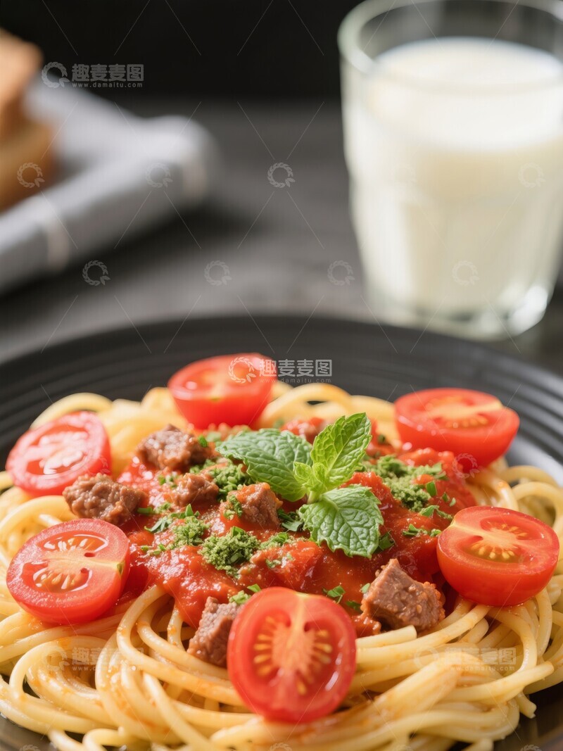 高清大图下载【趣麦麦图】意大利面配番茄肉酱和牛奶