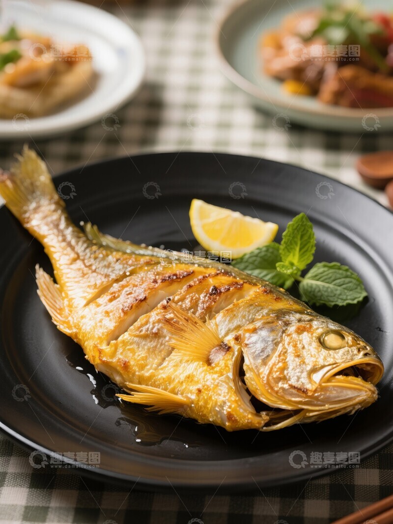 高清大图下载【趣麦麦图】煎制金黄鱼配柠檬薄荷