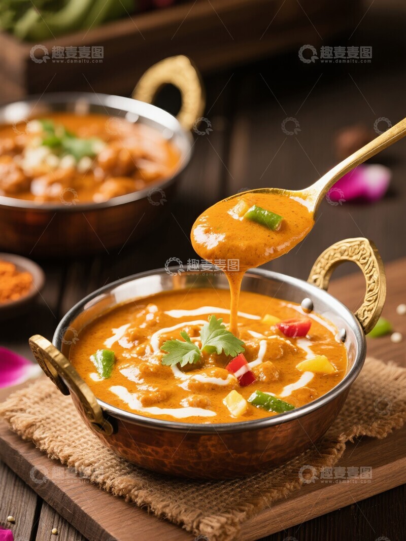 高清大图下载【趣麦麦图】印度咖喱菜肴铜碗盛装