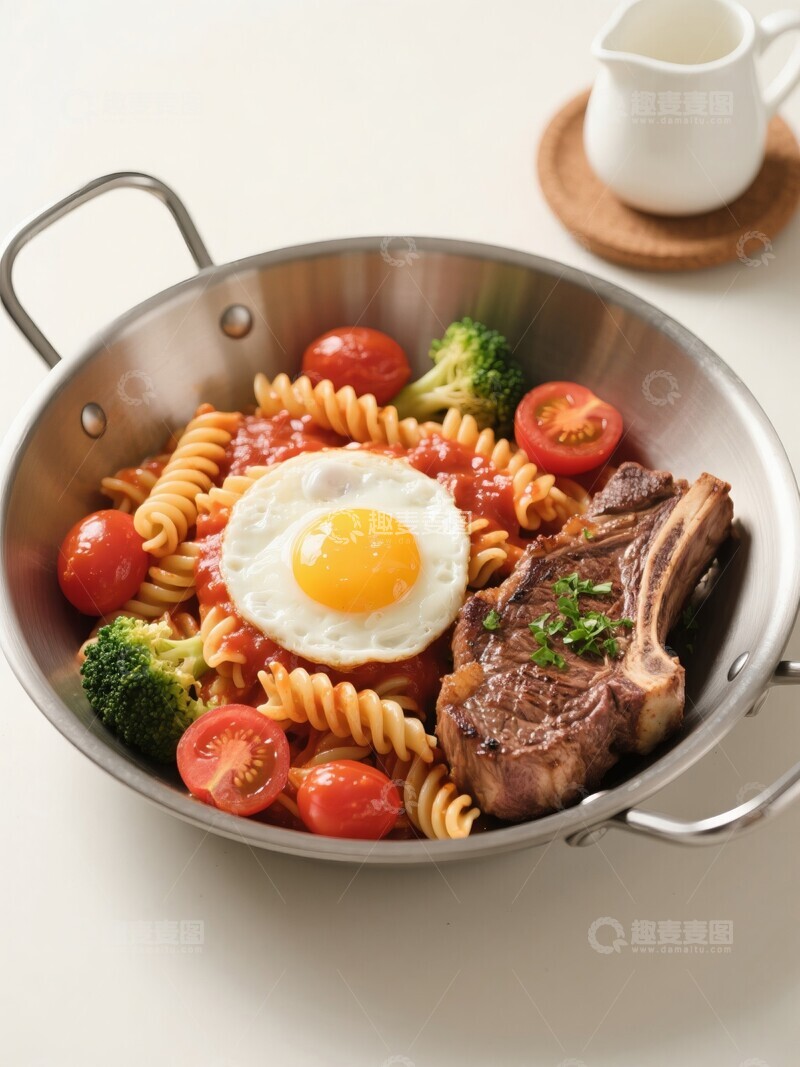 高清大图下载【趣麦麦图】意大利面配煎蛋与牛排的美味餐点