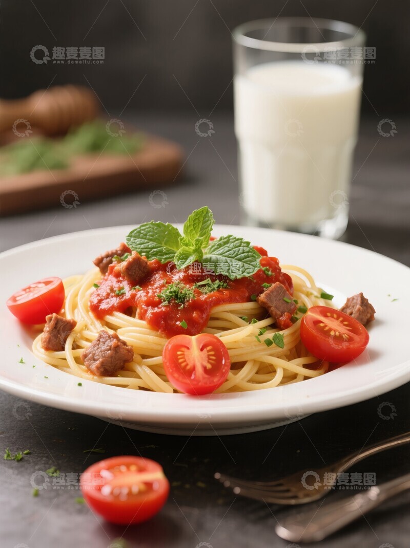 高清大图下载【趣麦麦图】意大利面配番茄肉酱薄荷和牛奶午餐