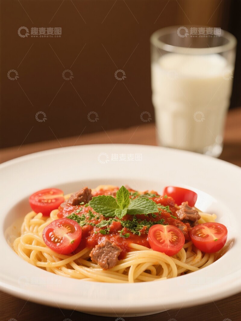 高清大图下载【趣麦麦图】意大利面配番茄肉酱薄荷和牛奶健康饮食