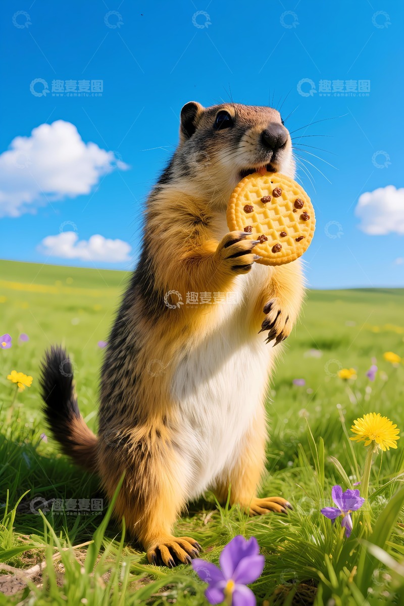 高清大图下载【趣麦麦图】一只土拨鼠吃饼干