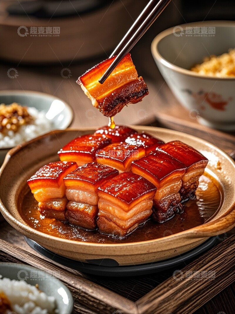 高清大图下载【趣麦麦图】红烧肉盛于陶碗热气腾腾
