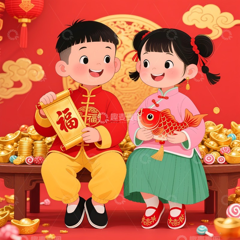 高清大图下载【趣麦麦图】马年金童玉女