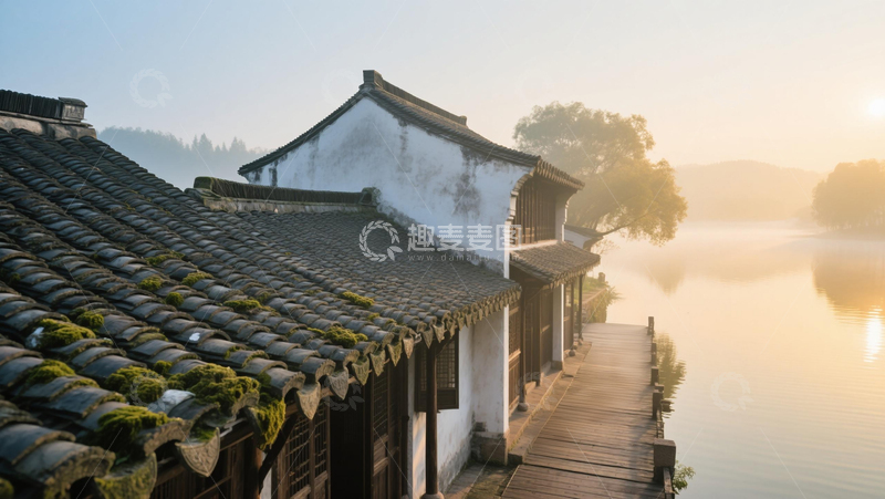 江南水乡古建筑湖畔阳光商业照片