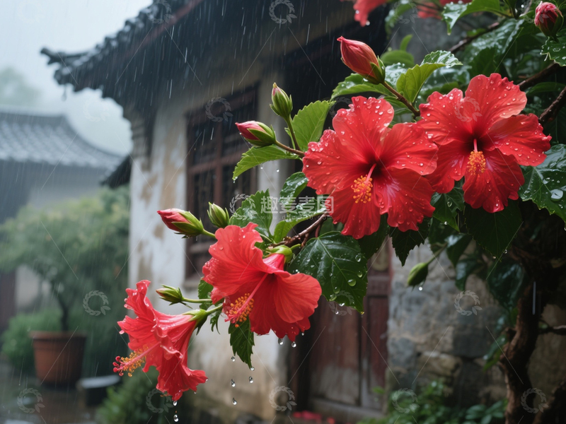 高清大图下载【趣麦麦图】雨中绽放的大红花