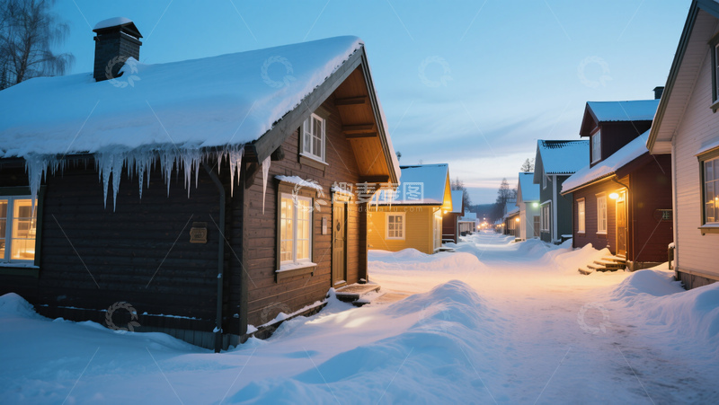 冬日乡村雪景小镇房屋灯光商业照片