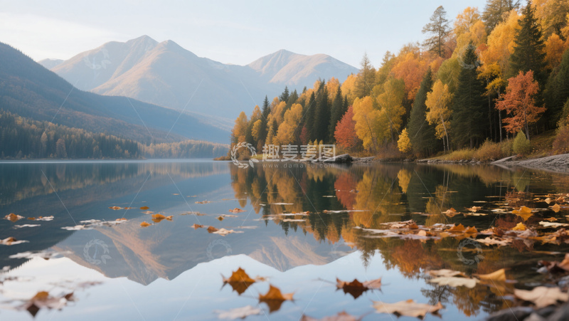 秋季树林远山湖泊倒影落叶商业照片