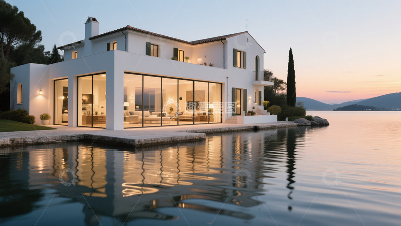 高清大图下载【趣麦麦图】湖畔别墅水边建筑远山树木商业照片