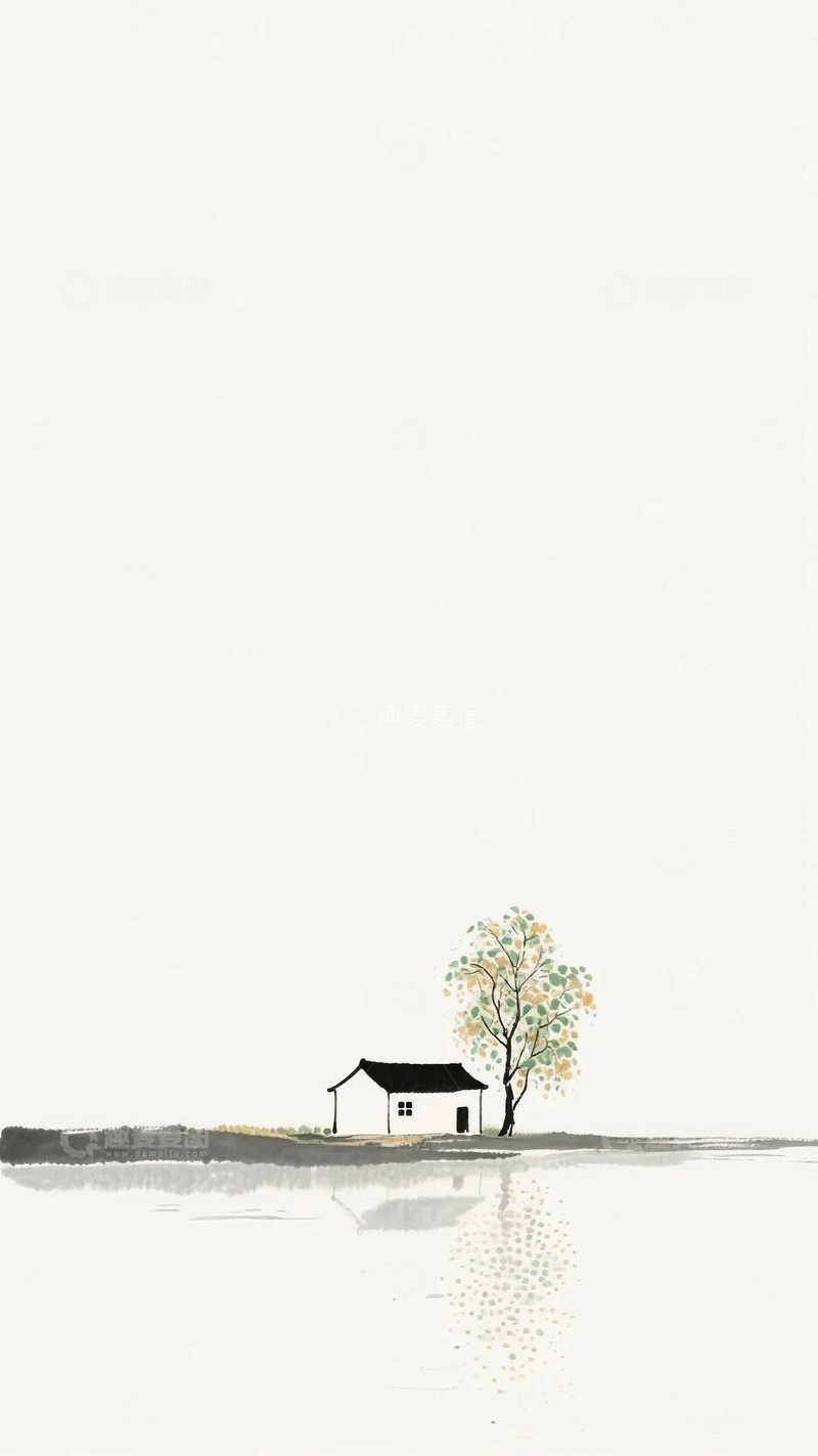 高清大图下载【趣麦麦图】水墨清新小屋背景1
