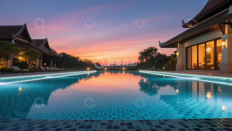 高清大图下载【趣麦麦图】度假村酒店泳池黄昏彩霞景色商业照片