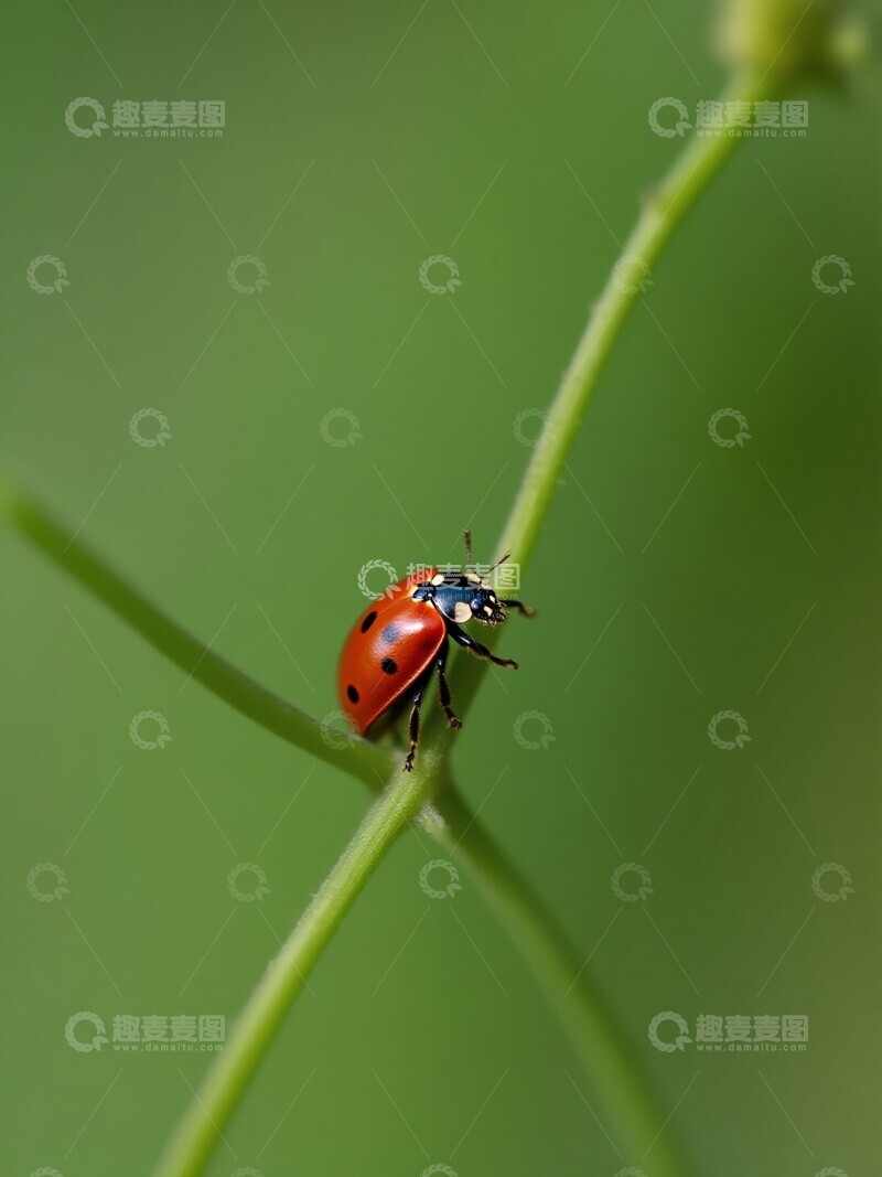 高清大图下载【趣麦麦图】红色瓢虫栖息在绿色藤蔓上