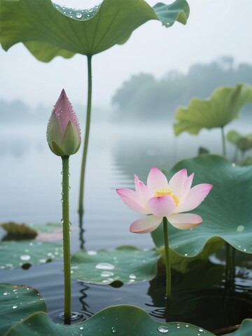 静谧湖面上的莲花与花蕾