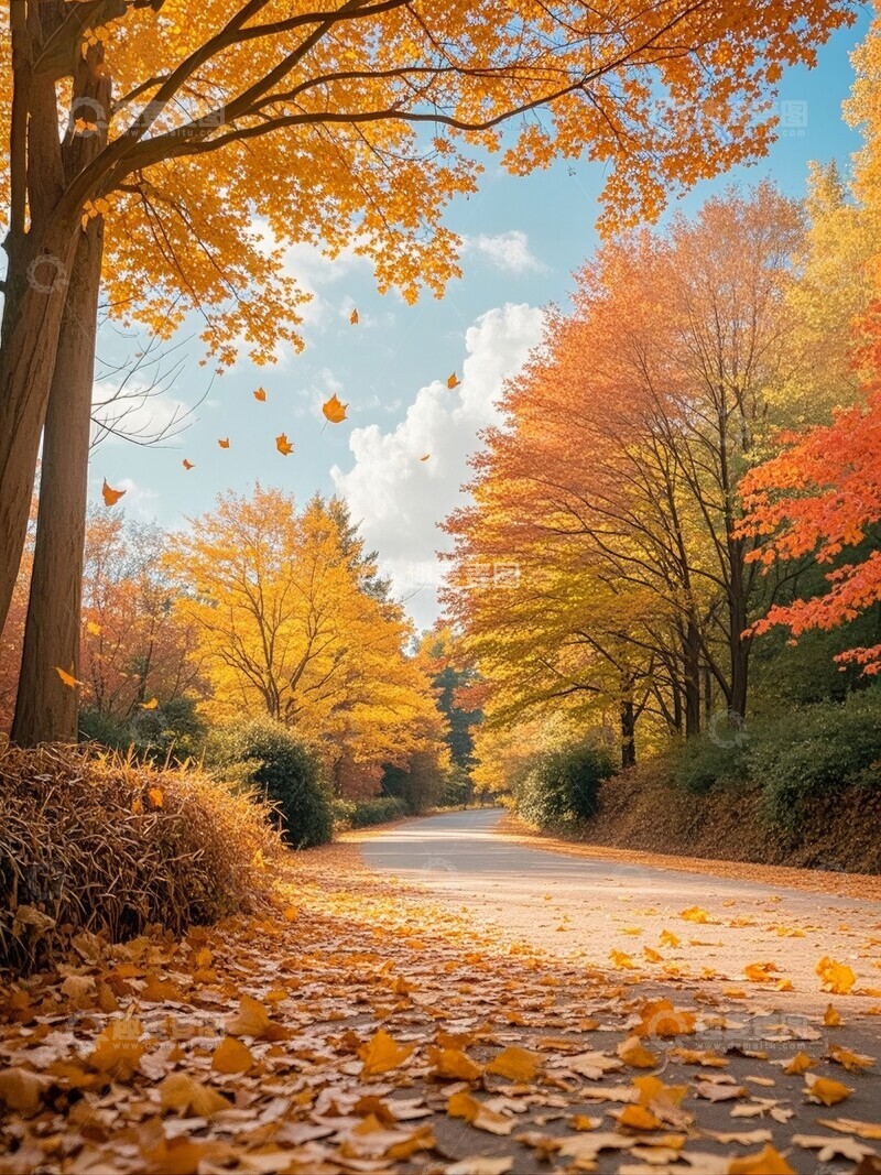 高清大图下载【趣麦麦图】秋日林间小径落叶铺满地