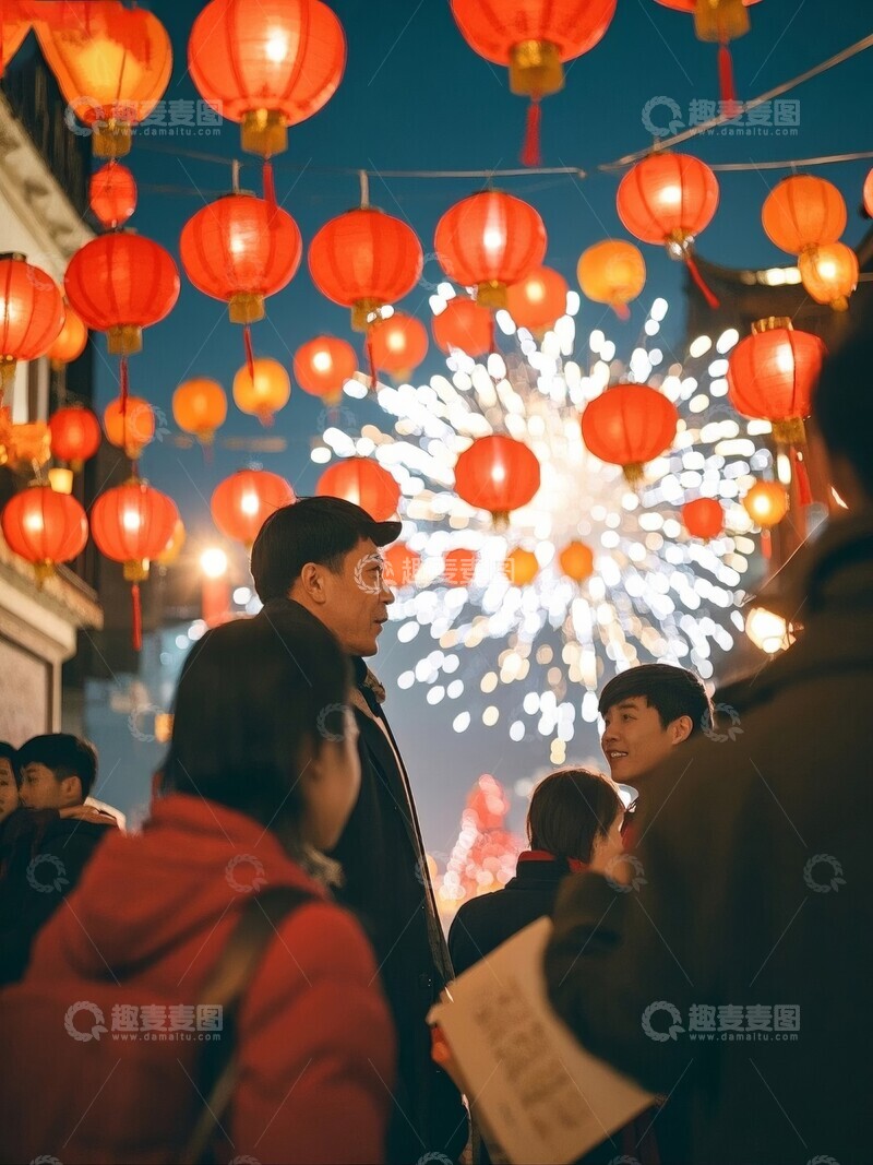 高清大图下载【趣麦麦图】夜空中绽放的绚丽烟花和灯笼