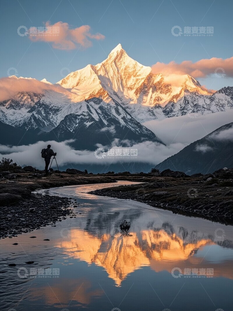 高清大图下载【趣麦麦图】雪山倒影溪流旁的摄影师