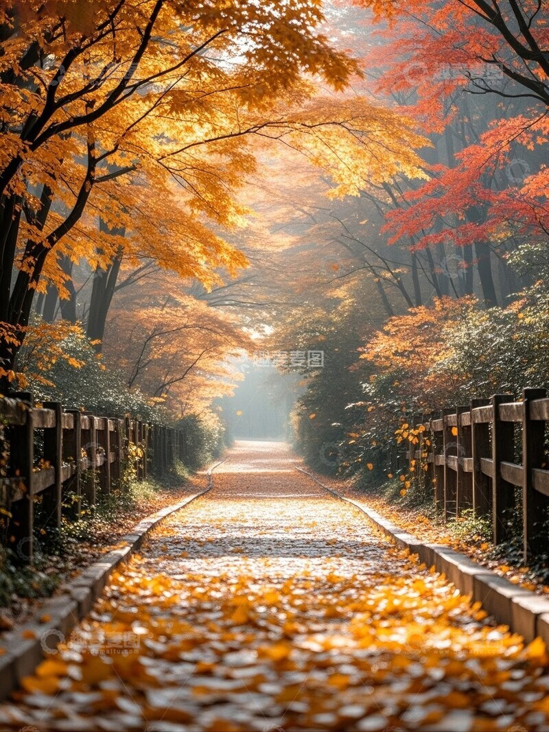 高清大图下载【趣麦麦图】秋日林间小路落叶纷飞