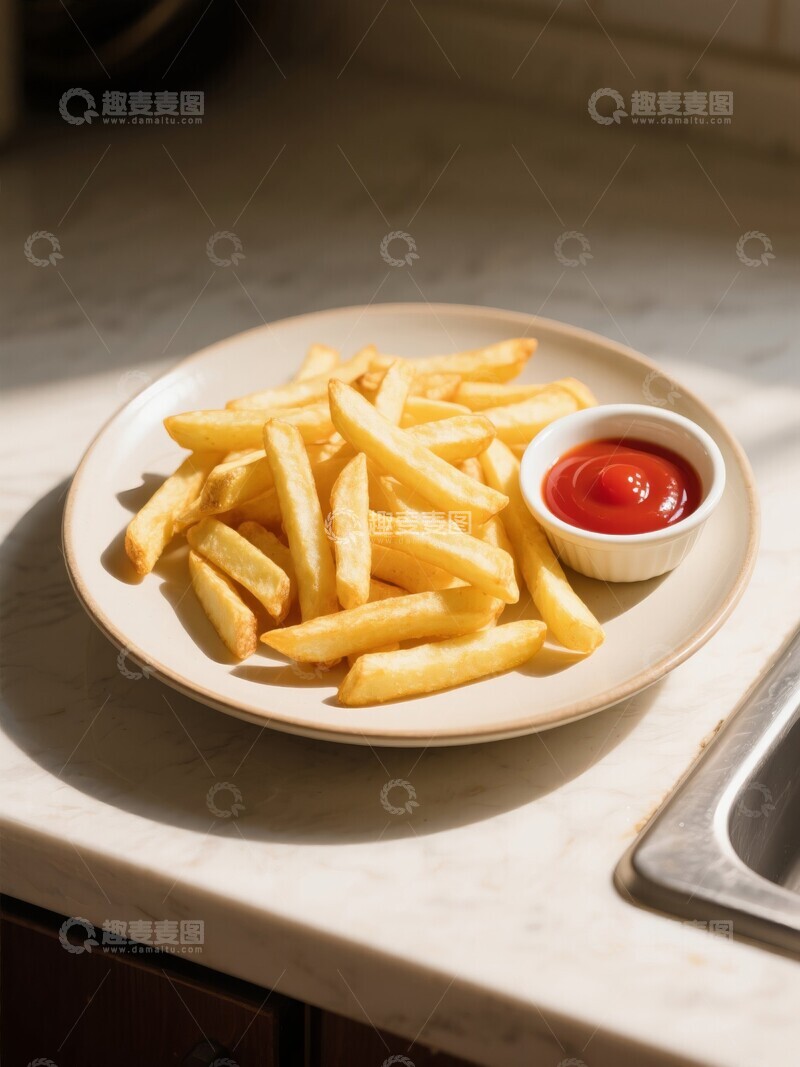 高清大图下载【趣麦麦图】金黄酥脆的薯条堆叠在白色盘中