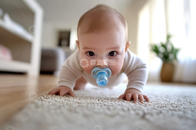 高清大图下载【趣麦麦图】爬行在羊毛地毯上的小婴儿