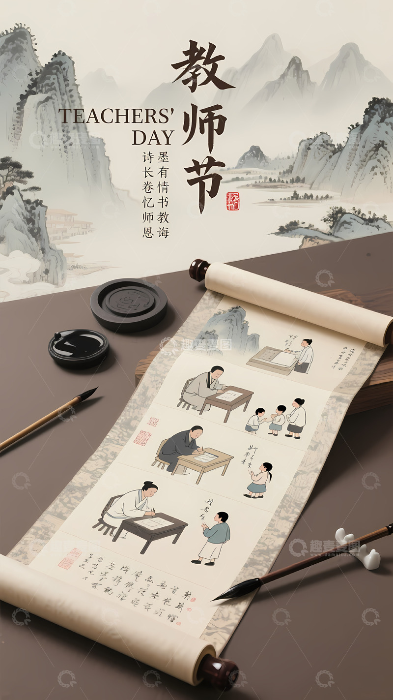 高清大图下载【趣麦麦图】教师节古风长卷轴海报插画
