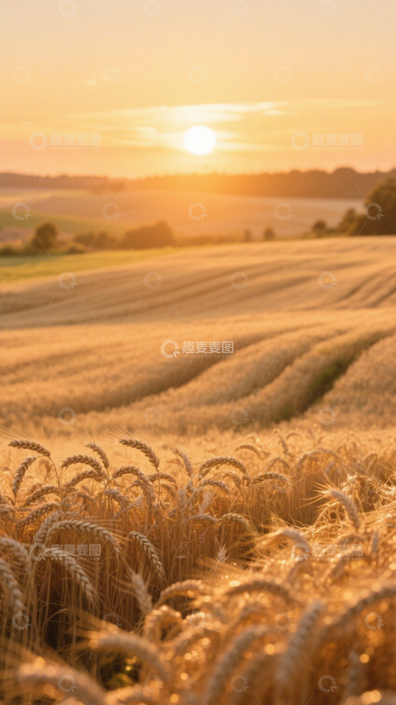 高清大图下载【趣麦麦图】麦田夕阳温暖丰收