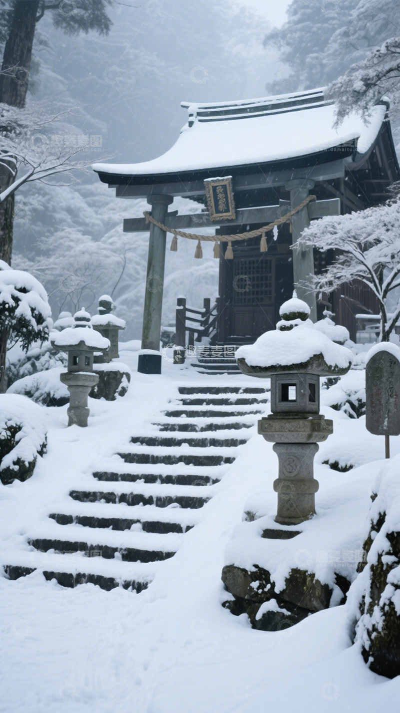 高清大图下载【趣麦麦图】雪中日式建筑静谧神圣