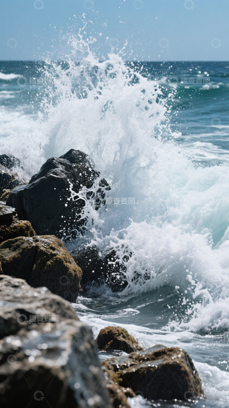 高清大图下载【趣麦麦图】海浪礁石澎湃有力1