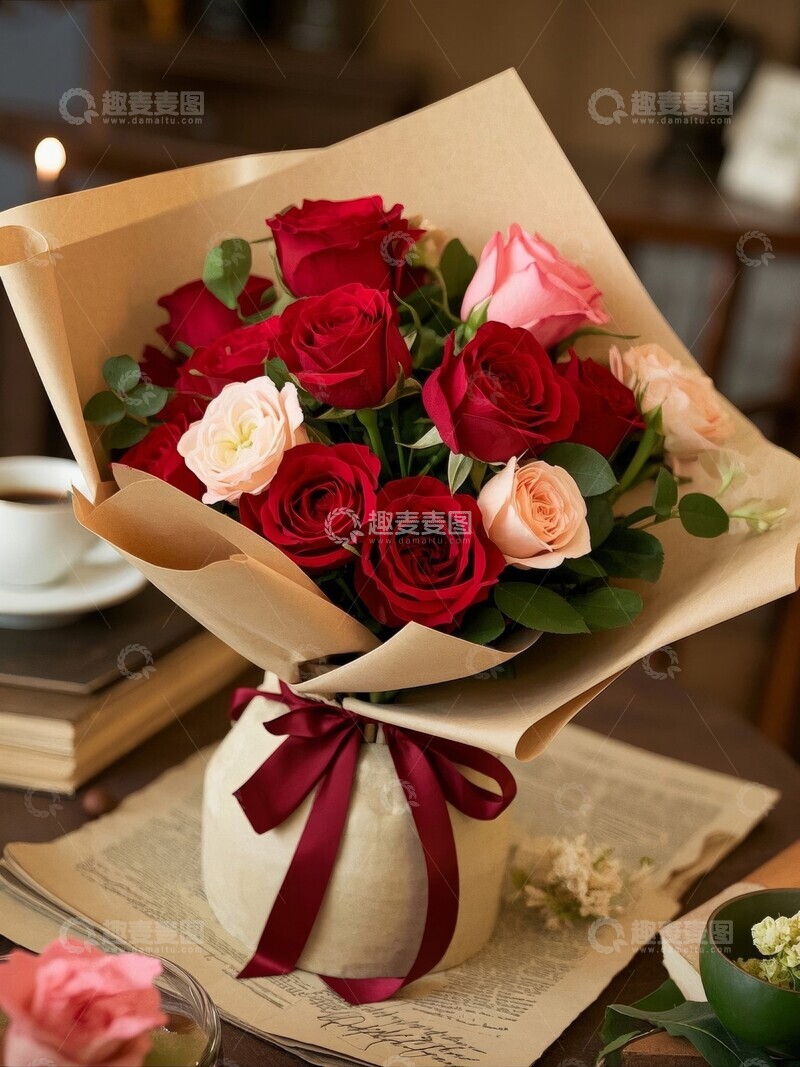 高清大图下载【趣麦麦图】精美玫瑰花束置于桌子上