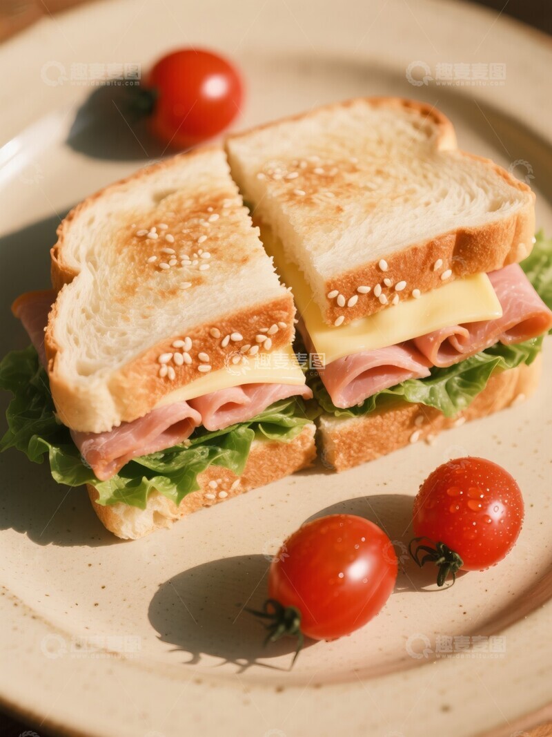 高清大图下载【趣麦麦图】面包芝士火腿三明治配番茄