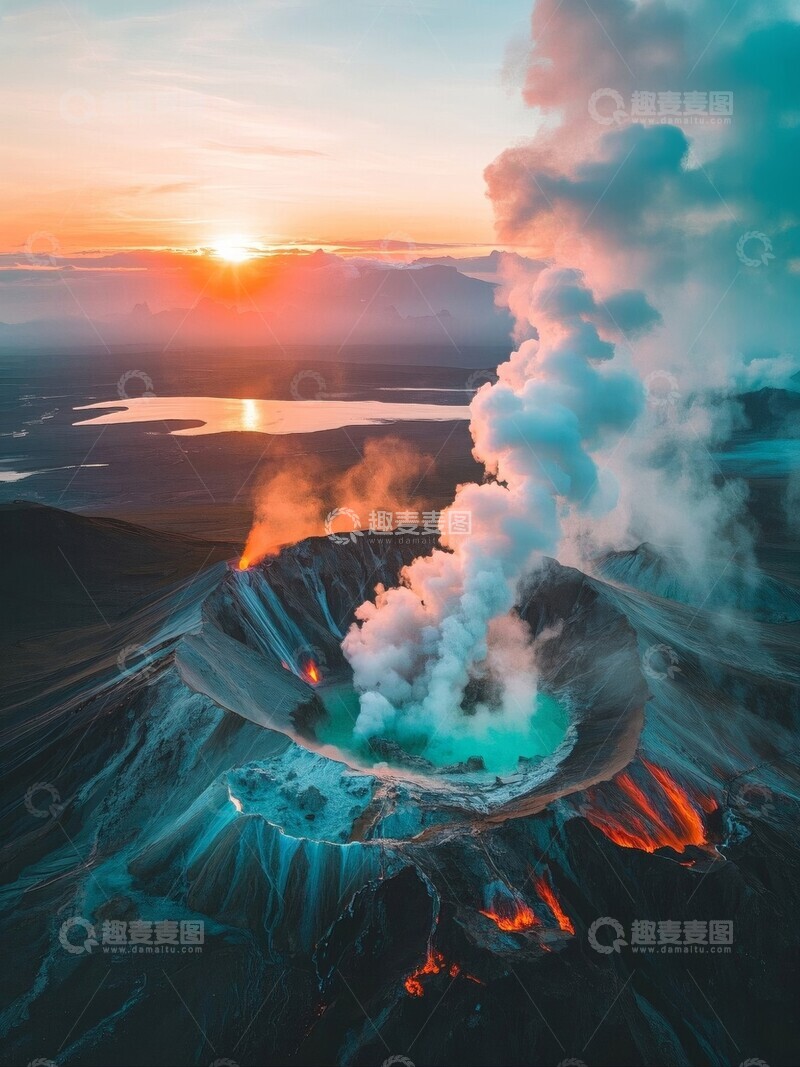 高清大图下载【趣麦麦图】火山喷发夕阳下自然奇观