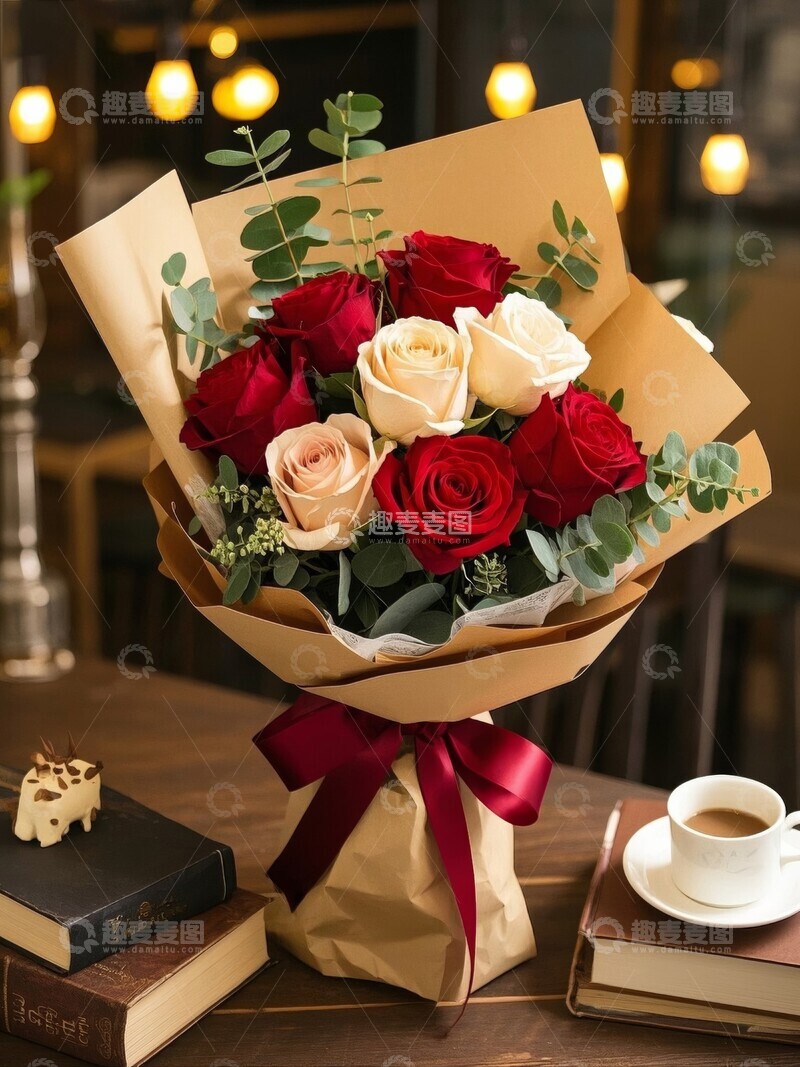 高清大图下载【趣麦麦图】精美玫瑰花束置于书桌之上