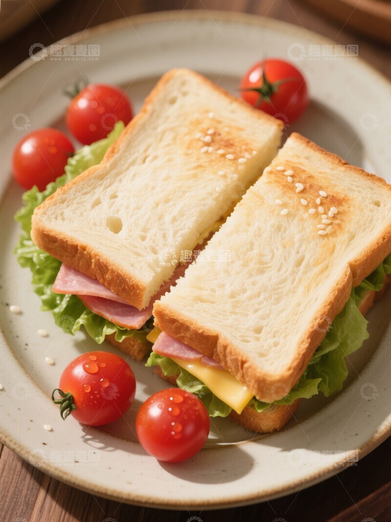 高清大图下载【趣麦麦图】切开的芝士火腿三明治配番茄
