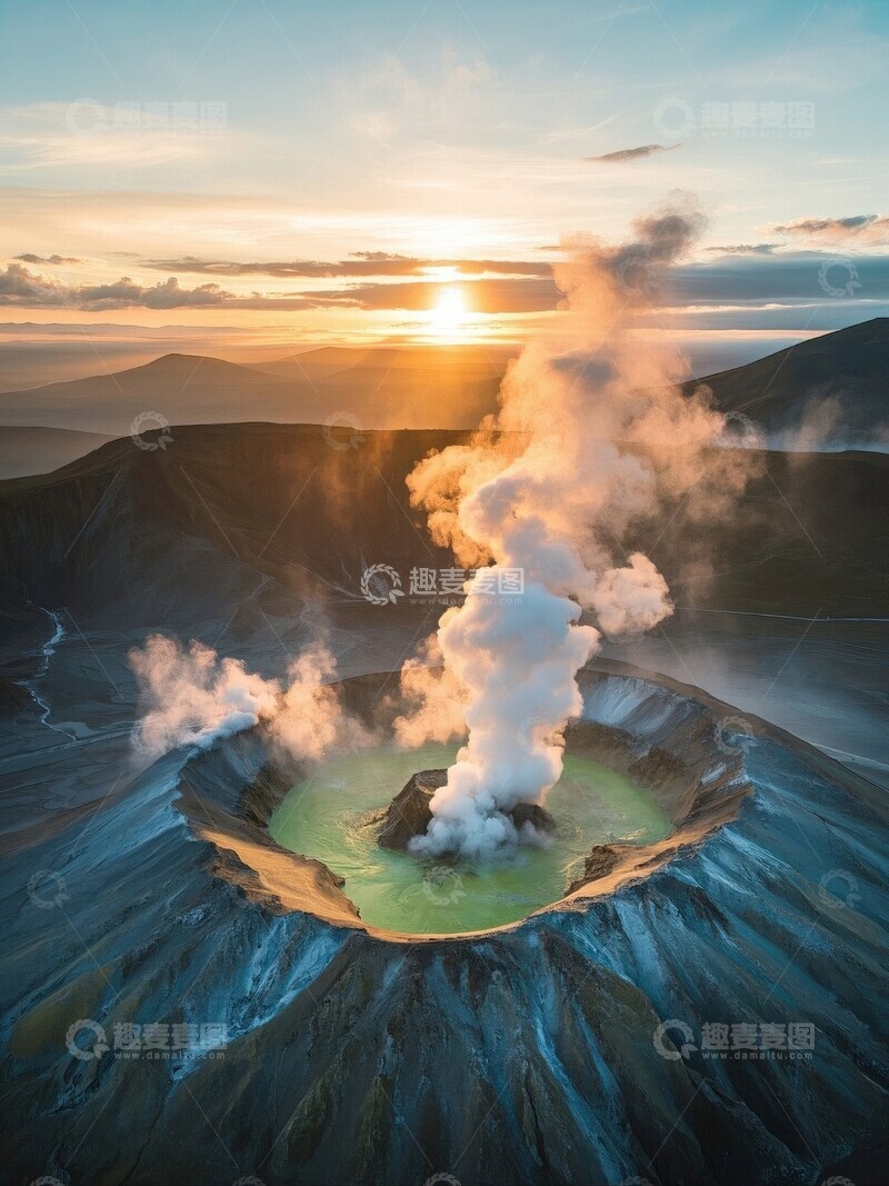 高清大图下载【趣麦麦图】-火山喷发夕阳下自然景观