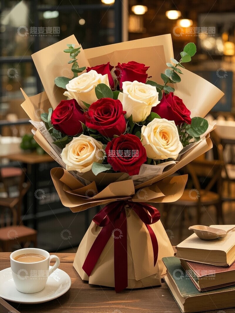 高清大图下载【趣麦麦图】精美玫瑰花束置于书本之上