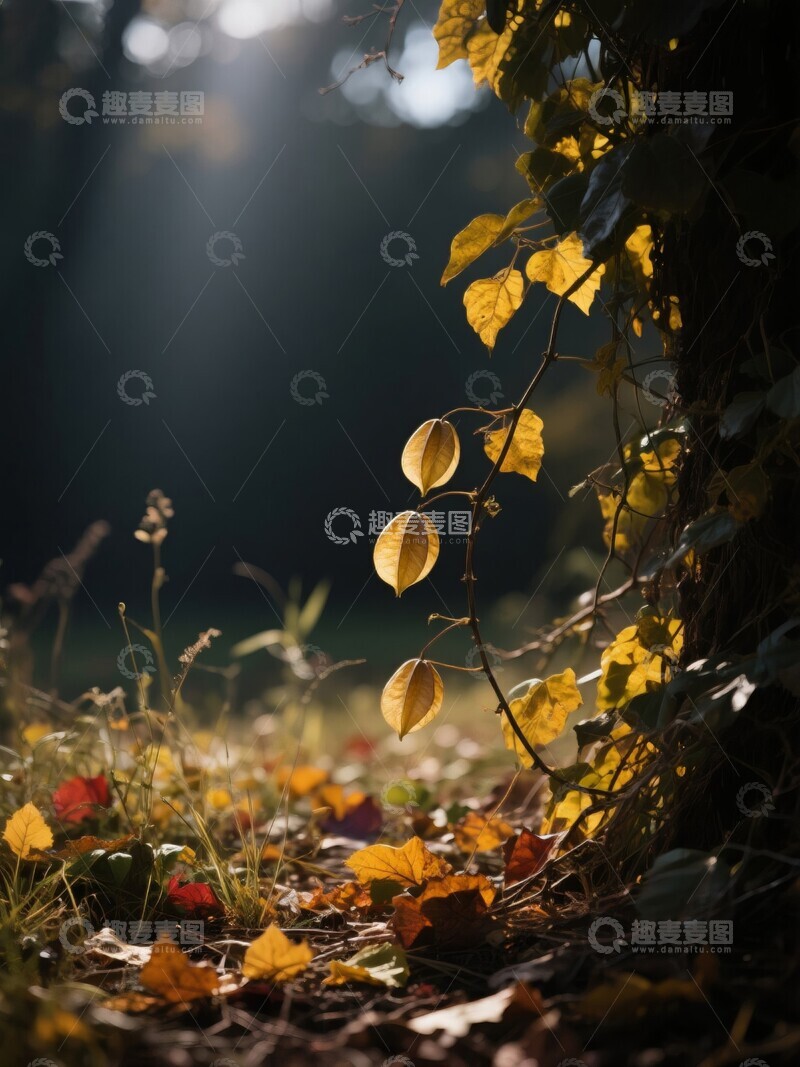 高清大图下载【趣麦麦图】秋日阳光照射的落叶与枝叶