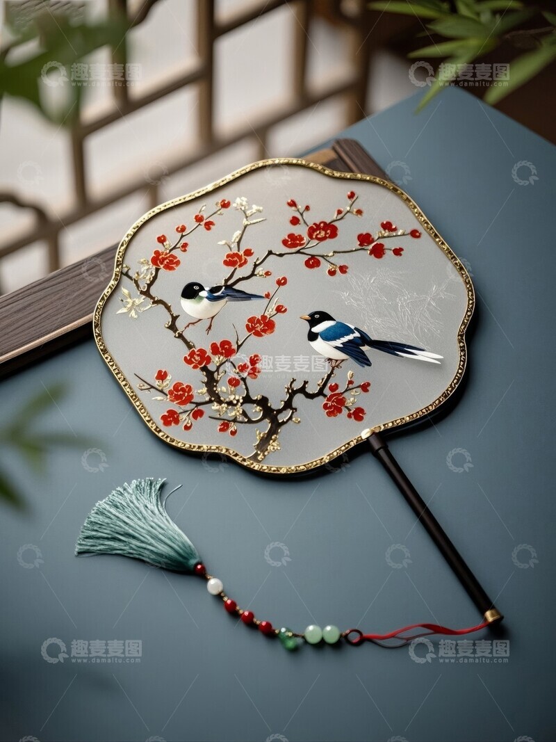 高清大图下载【趣麦麦图】精美中式花鸟刺绣团扇