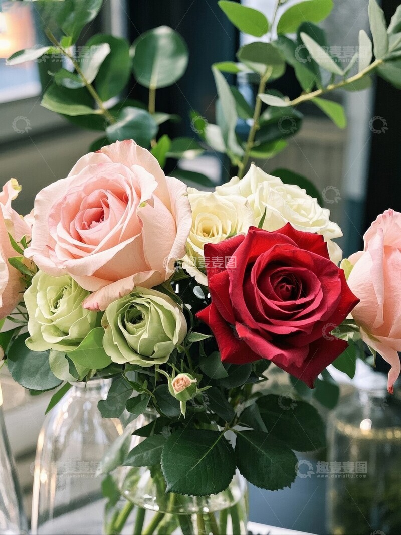 高清大图下载【趣麦麦图】多彩玫瑰花束静置透明花瓶中
