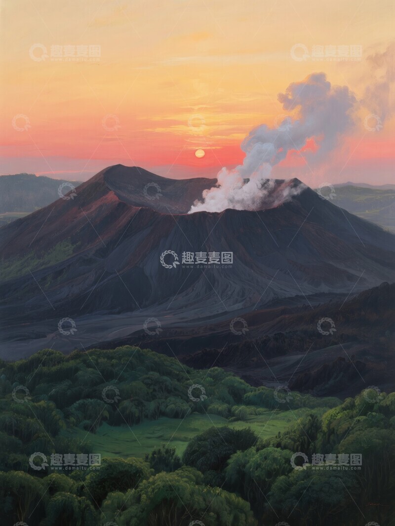 高清大图下载【趣麦麦图】火山喷发夕阳下的自然奇观